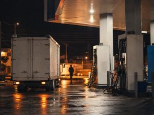 Xe giao hàng tại điểm tiếp nhiên liệu gợi lại phụ phí vận chuyển trong từng chuyến hàng. Ảnh minh họa tin tức.