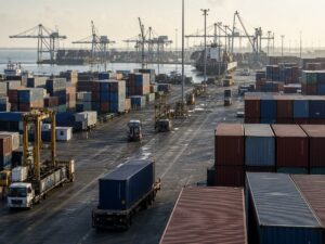 Cảng container và đường xe kéo gợi lại chi phí thời gian quay vòng hàng hóa. Ảnh minh họa tin tức.