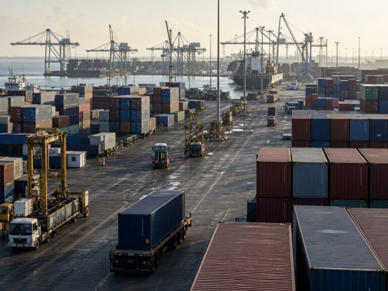 Cảng container và đường xe kéo gợi lại chi phí thời gian quay vòng hàng hóa. Ảnh minh họa tin tức.