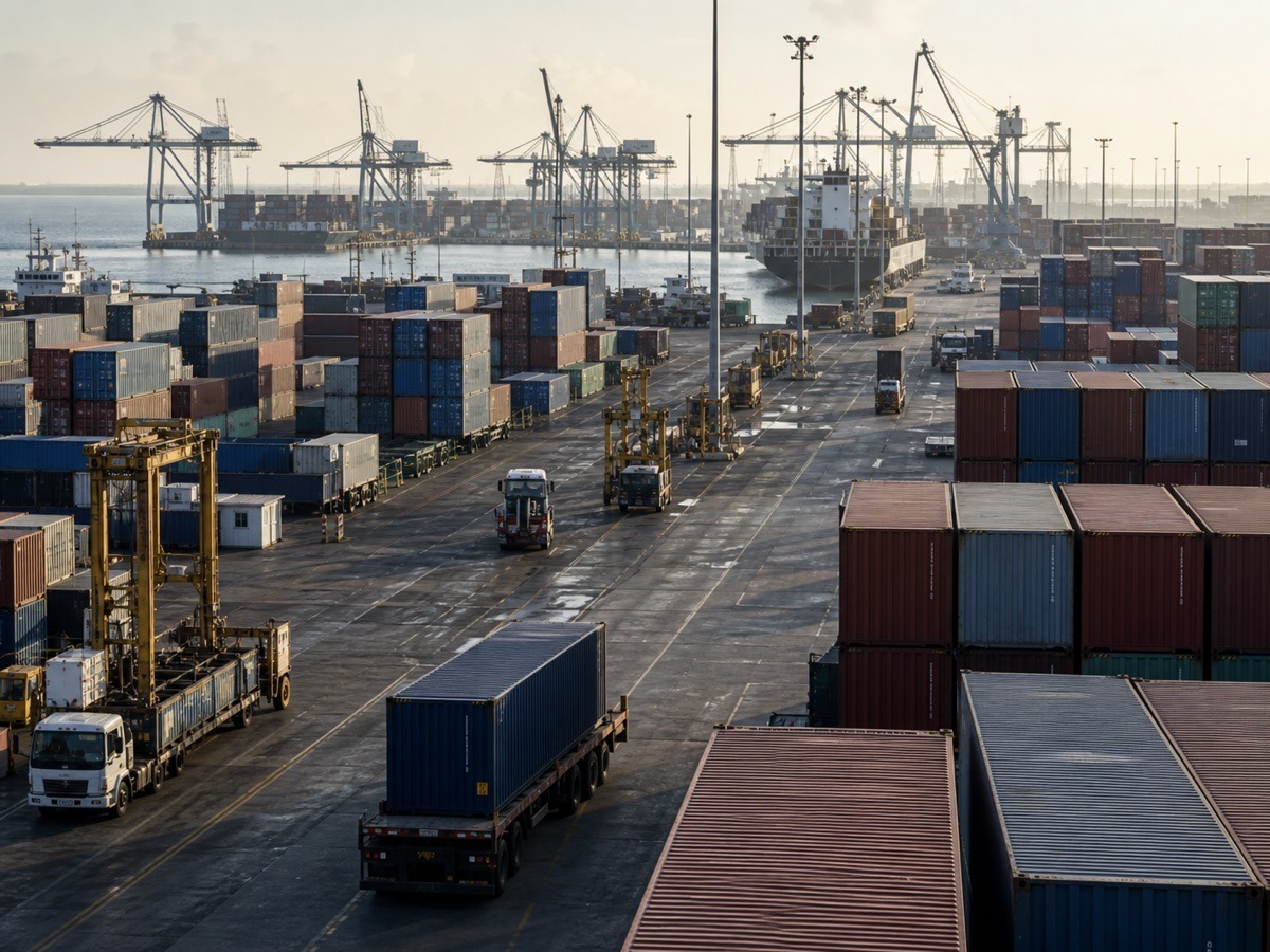 Cảng container và đường xe kéo gợi lại chi phí thời gian quay vòng hàng hóa. Ảnh minh họa tin tức.