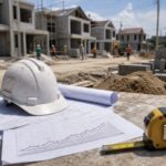 Công trường khu dân cư ven đô với bản vẽ mặt bằng và mũ bảo hộ. Ảnh minh họa tin tức.