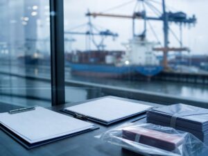 Kho phân phối gạo với bao hàng không nhãn và phiếu kiểm tra trống. Ảnh minh họa tin tức.