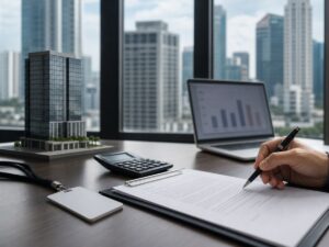 Tòa văn phòng đô thị với hồ sơ thuê và thẻ ra vào đặt trên bàn. Ảnh minh họa tin tức.
