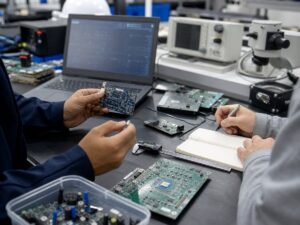 Bàn kiểm tra thiết bị di chuyển điện kết nối và cụm pin không thương hiệu. Ảnh minh họa tin tức.
