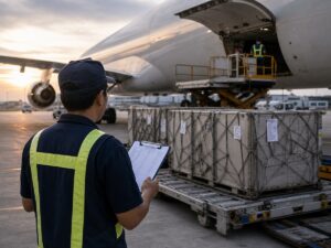Nhân viên sân bay kiểm tra kiện hàng bên cạnh xe nâng nhỏ dưới thân máy bay. Ảnh minh họa tin tức.