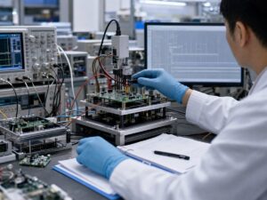 Thiết bị kiểm thử bảo mật đặt cạnh bo mạch và hồ sơ kỹ thuật. Ảnh minh họa tin tức.