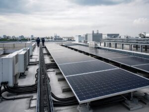Mái nhà công nghiệp với tấm quang điện và đường cáp kỹ thuật không logo. Ảnh minh họa tin tức.