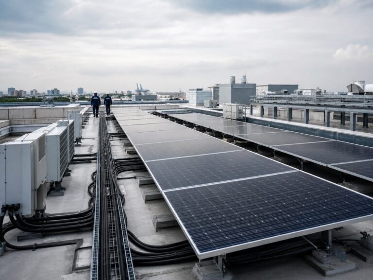 Mái nhà công nghiệp với tấm quang điện và đường cáp kỹ thuật không logo. Ảnh minh họa tin tức.