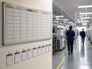 Hành lang nhà máy và bảng ca trống gợi lại chi phí chờ nhân lực sản xuất. Ảnh minh họa tin tức.