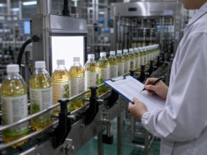 Nhân viên kiểm tra chai thành phẩm trên dây chuyền đồ uống. Ảnh minh họa tin tức.