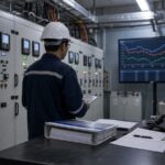 Phòng điều khiển điện công nghiệp với đồng hồ công suất và hồ sơ hợp đồng. Ảnh minh họa tin tức.