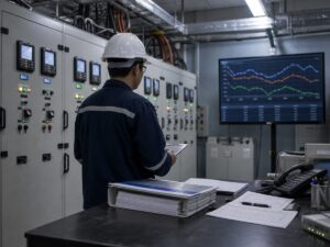 Phòng điều khiển điện công nghiệp với đồng hồ công suất và hồ sơ hợp đồng. Ảnh minh họa tin tức.