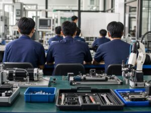 Xưởng đào tạo kỹ thuật với bàn dụng cụ và học viên quay lưng. Ảnh minh họa tin tức.
