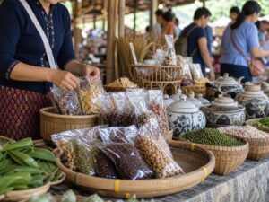 Quầy hàng địa phương gợi nhắc sức ép mùa vụ với sản phẩm GI Thái Lan. Ảnh minh họa tin tức.