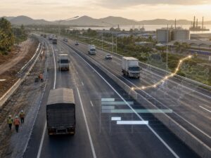 Đường 4 làn mới với xe tải không thương hiệu và tuyến logistics mờ. Ảnh minh họa tin tức.