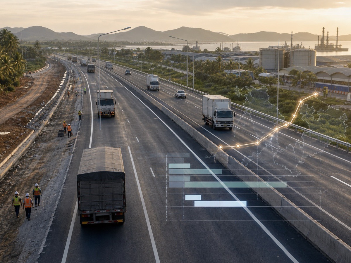 Đường 4 làn mới với xe tải không thương hiệu và tuyến logistics mờ. Ảnh minh họa tin tức.