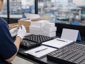 Bàn kiểm tra linh kiện công nghiệp với hộp mẫu không logo và người thao tác từ phía sau. Ảnh minh họa tin tức.