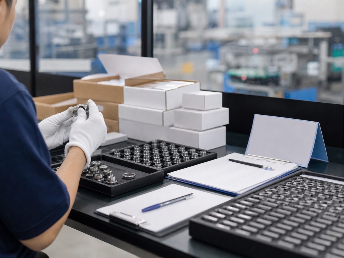 Bàn kiểm tra linh kiện công nghiệp với hộp mẫu không logo và người thao tác từ phía sau. Ảnh minh họa tin tức.