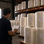 Cuộn màng bao bì đặt trong kho cạnh phiếu xuất hàng và xe nâng. Ảnh minh họa tin tức.