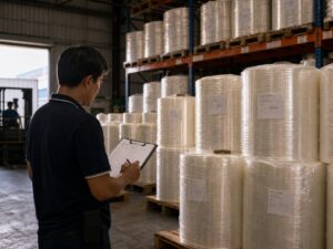 Cuộn màng bao bì đặt trong kho cạnh phiếu xuất hàng và xe nâng. Ảnh minh họa tin tức.