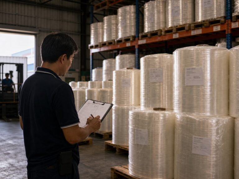 Cuộn màng bao bì đặt trong kho cạnh phiếu xuất hàng và xe nâng. Ảnh minh họa tin tức.