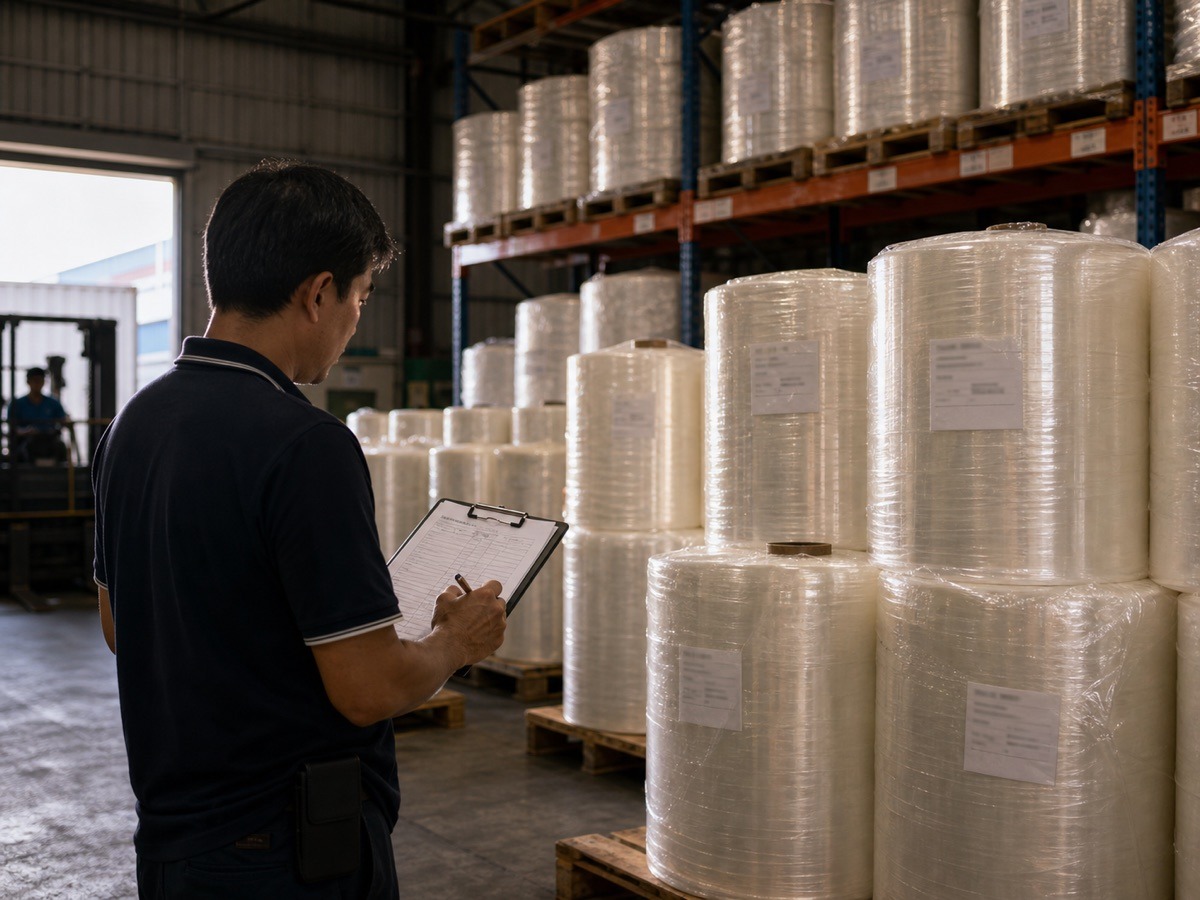 Cuộn màng bao bì đặt trong kho cạnh phiếu xuất hàng và xe nâng. Ảnh minh họa tin tức.