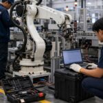 Khu vực kỹ thuật robot trong nhà máy với hộp dụng cụ bảo trì. Ảnh minh họa tin tức.