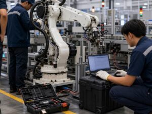Khu vực kỹ thuật robot trong nhà máy với hộp dụng cụ bảo trì. Ảnh minh họa tin tức.