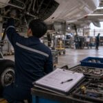 Kỹ thuật viên kiểm tra khoang bảo dưỡng máy bay cạnh hộp phụ tùng. Ảnh minh họa tin tức.