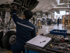 Kỹ thuật viên kiểm tra khoang bảo dưỡng máy bay cạnh hộp phụ tùng. Ảnh minh họa tin tức.