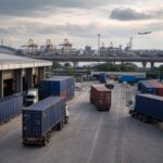 Tuyến logistics xuyên biên giới với container trừu tượng và nhà kho không biển hiệu. Ảnh minh họa tin tức.