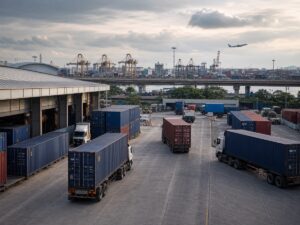 Tuyến logistics xuyên biên giới với container trừu tượng và nhà kho không biển hiệu. Ảnh minh họa tin tức.