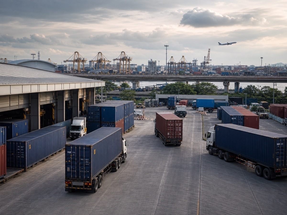 Tuyến logistics xuyên biên giới với container trừu tượng và nhà kho không biển hiệu. Ảnh minh họa tin tức.