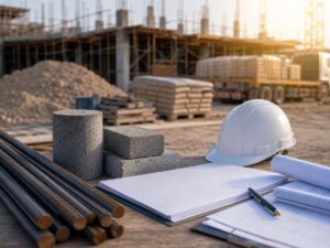 Vật liệu công trường và hồ sơ trơn gợi lại chi phí ứng vốn trước dòng thu dự án. Ảnh minh họa tin tức.