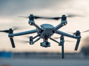 Máy bay không người lái công nghiệp bay trên nền trời, biểu tượng hợp tác công nghệ drone Đài Loan - Nhật Bản