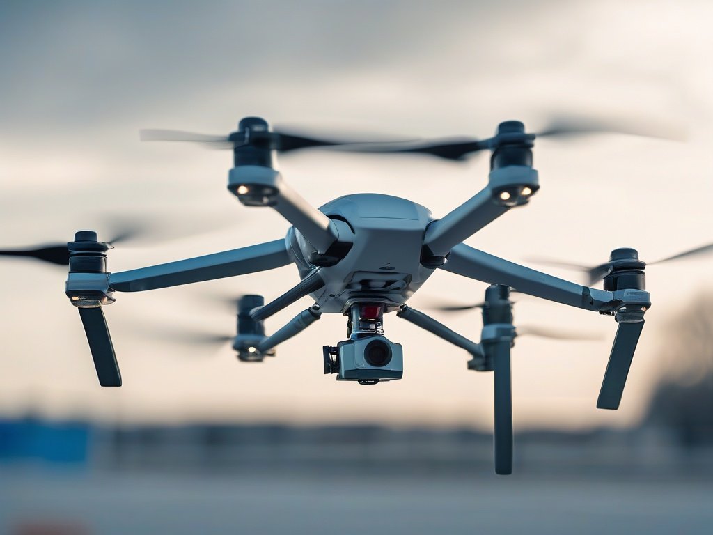 Máy bay không người lái công nghiệp bay trên nền trời, biểu tượng hợp tác công nghệ drone Đài Loan - Nhật Bản