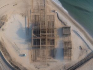 Ảnh minh họa Land Bridge Thái Lan: bến container ven biển với cần cẩu giàn và các chồng container xếp dọc cầu cảng, không có người và không có chữ đọc được