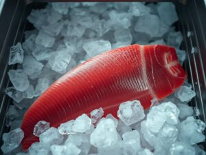 Ảnh minh họa thăn cá ngừ đông lạnh trong khay đá tại nhà máy chế biến, cho chủ đề IJEPA tuna Indonesia hưởng thuế 0% vào Nhật Bản