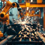 Indonesia LCEV: cận cảnh dây chuyền lắp ráp ô tô với cánh tay robot hàn khung xe, tượng trưng cho sản xuất ô tô