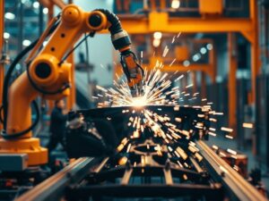 Indonesia LCEV: cận cảnh dây chuyền lắp ráp ô tô với cánh tay robot hàn khung xe, tượng trưng cho sản xuất ô tô