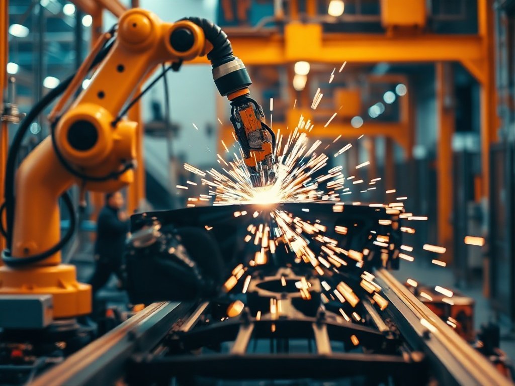 Indonesia LCEV: cận cảnh dây chuyền lắp ráp ô tô với cánh tay robot hàn khung xe, tượng trưng cho sản xuất ô tô