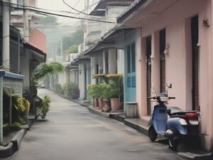 Ảnh minh họa cho bài về hệ thống cấp phép OSS: dãy nhà phố thương mại ven biển ở Bali vào ban ngày, không có người, không có chữ đọc được