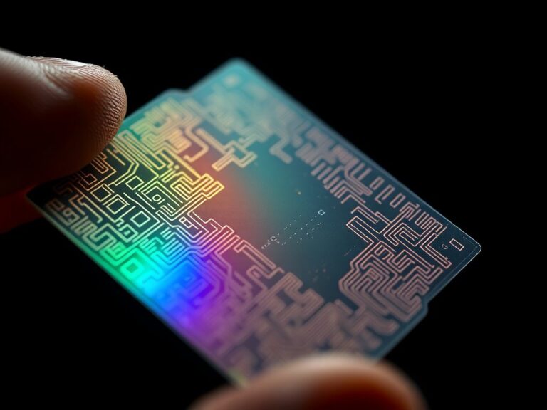 Ảnh minh họa cận cảnh tấm wafer bán dẫn phản chiếu ánh sáng cầu vồng, không có chữ hay logo
