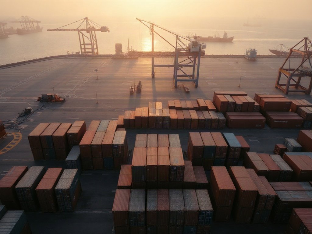 Container cảng Việt Nam lúc bình minh, không khuôn mặt, không chữ đọc được, chủ đề thuế quan