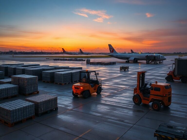 Khu vực bốc dỡ hàng hóa hàng không Campuchia trên sân đỗ sân bay quốc tế, xe nâng vận chuyển pallet hàng hóa cạnh dải băng chuyền