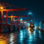 Cảng container về đêm với cần cẩu hoạt động, bối cảnh liên quan đến đánh giá ứng dụng AI của Cảng Penang, ảnh báo chí chân thực, không chữ đọc được và không khuôn mặt