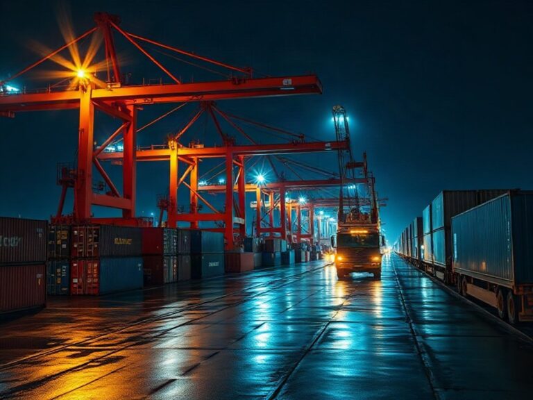 Cảng container về đêm với cần cẩu hoạt động, bối cảnh liên quan đến đánh giá ứng dụng AI của Cảng Penang, ảnh báo chí chân thực, không chữ đọc được và không khuôn mặt