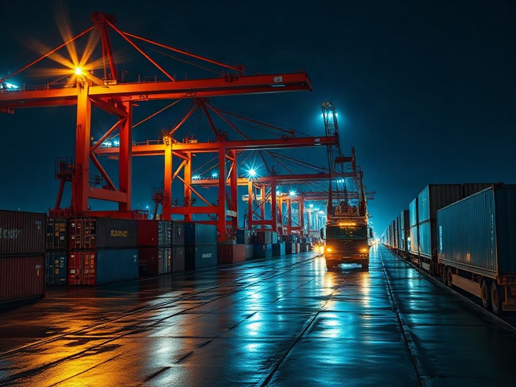 Cảng container về đêm với cần cẩu hoạt động, bối cảnh liên quan đến đánh giá ứng dụng AI của Cảng Penang, ảnh báo chí chân thực, không chữ đọc được và không khuôn mặt