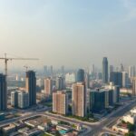 Đường chân trời Jakarta với cần cẩu xây dựng trên các tòa chung cư mới, bối cảnh GDP Indonesia và xây dựng nhà ở