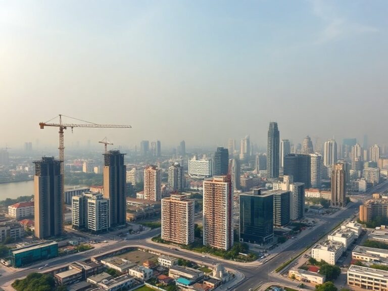 Đường chân trời Jakarta với cần cẩu xây dựng trên các tòa chung cư mới, bối cảnh GDP Indonesia và xây dựng nhà ở